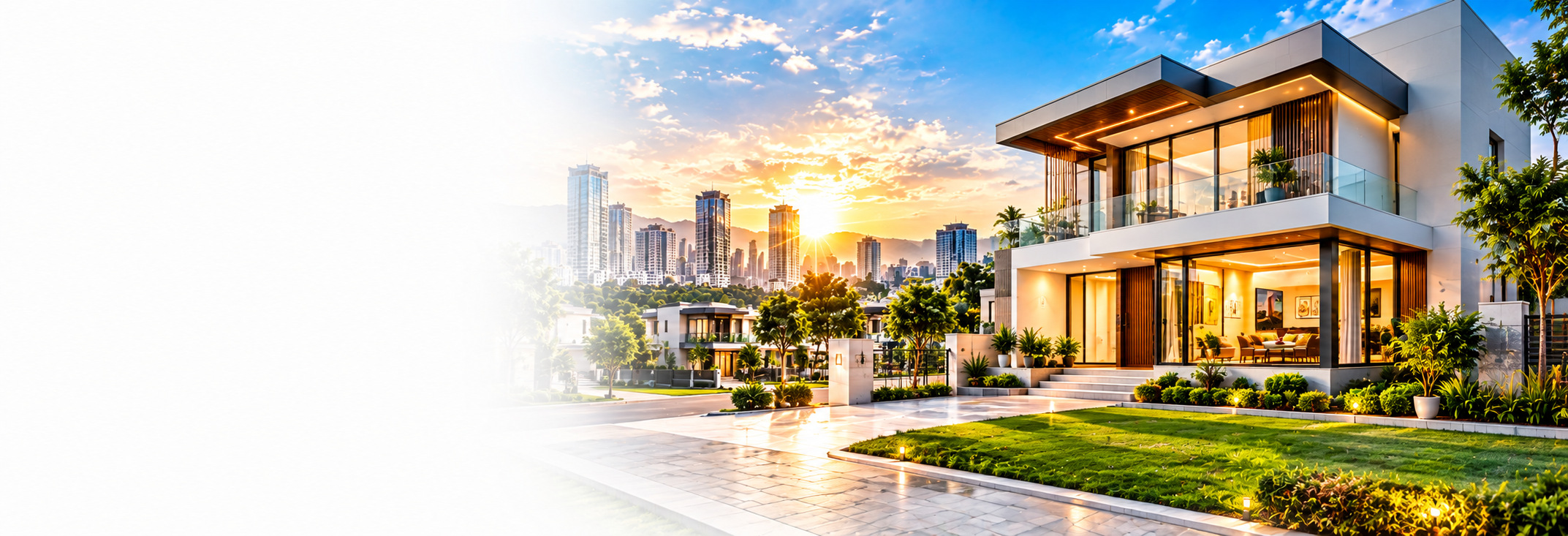 Modern villa beside a city skyline at sunset